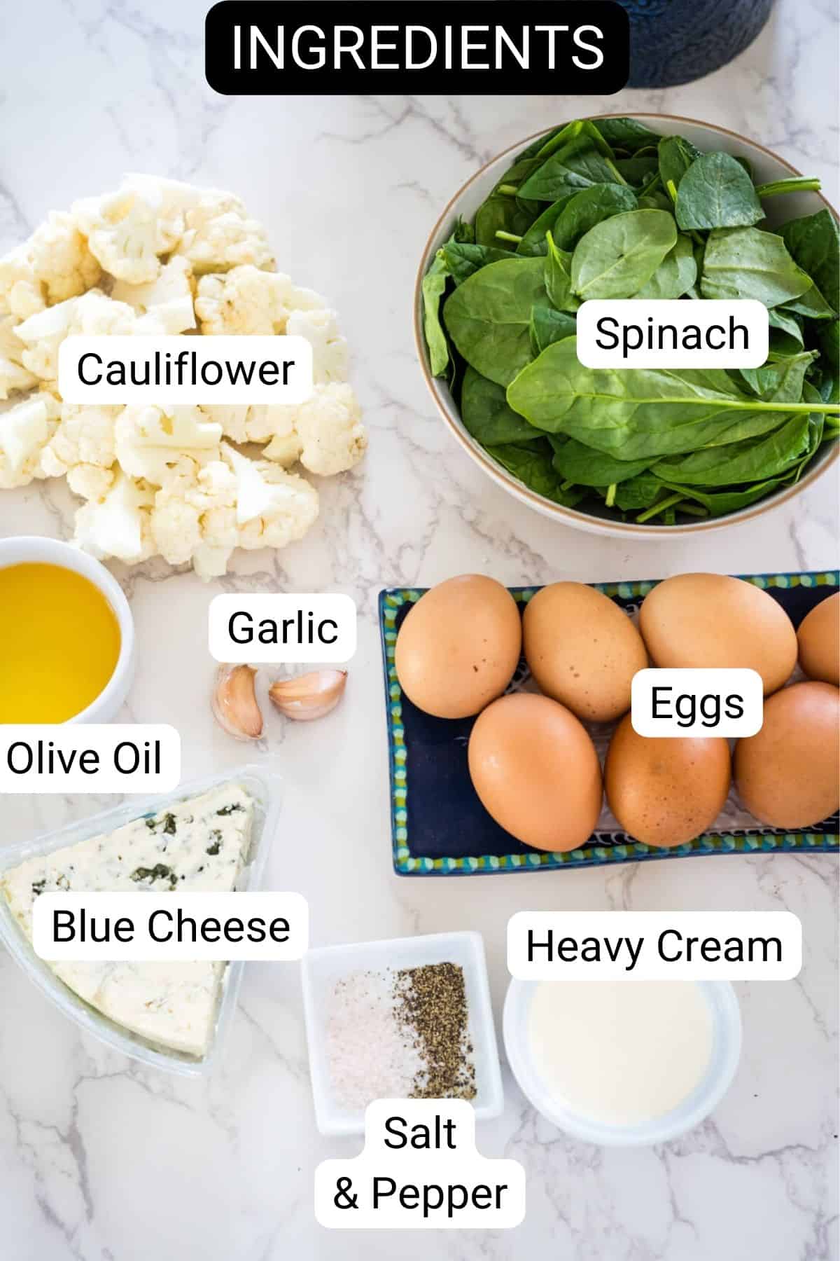 A list of ingredients for a spinach frittata.