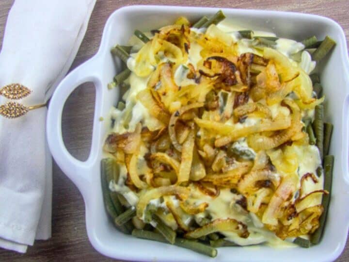 Green bean casserole with onions and cheese.