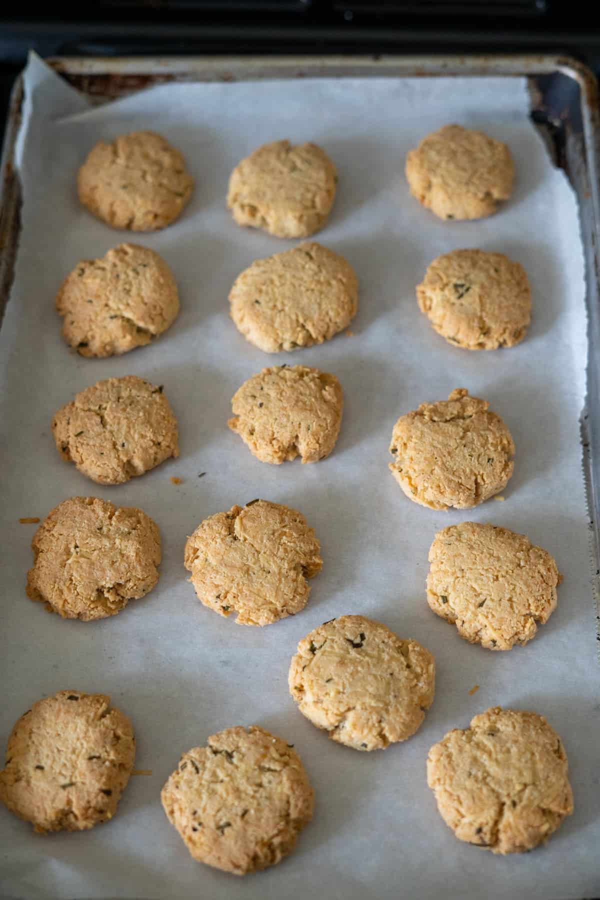 A baking tray with sixteen round, golden-brown cookies on parchment paper, each infused with a hint of rosemary for an unexpected twist.