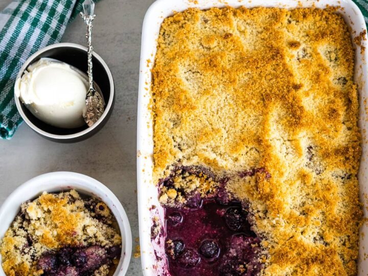 keto berry trifle in baking dish.