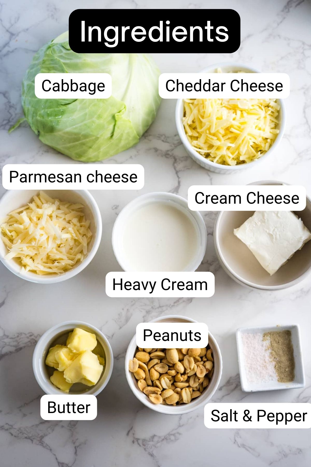 A list of ingredients for a cabbage salad.