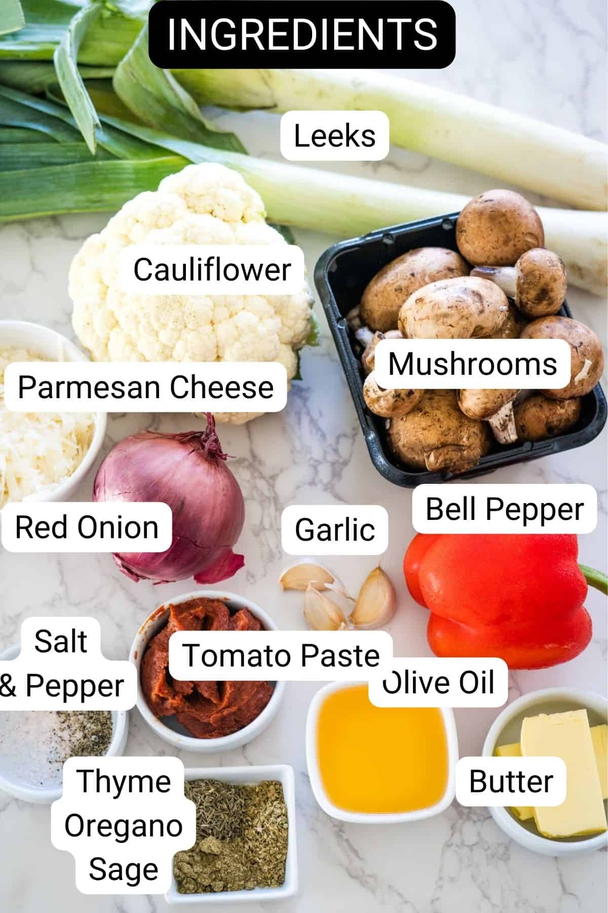 A list of ingredients for a vegetable cauliflower risotto.