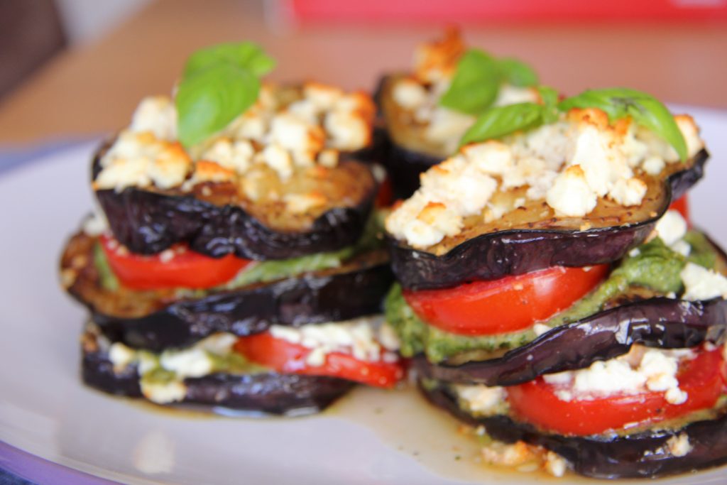 Grilled Eggplant Stacks with Tomato, Basil Pesto and Feta - Divalicious Recipes