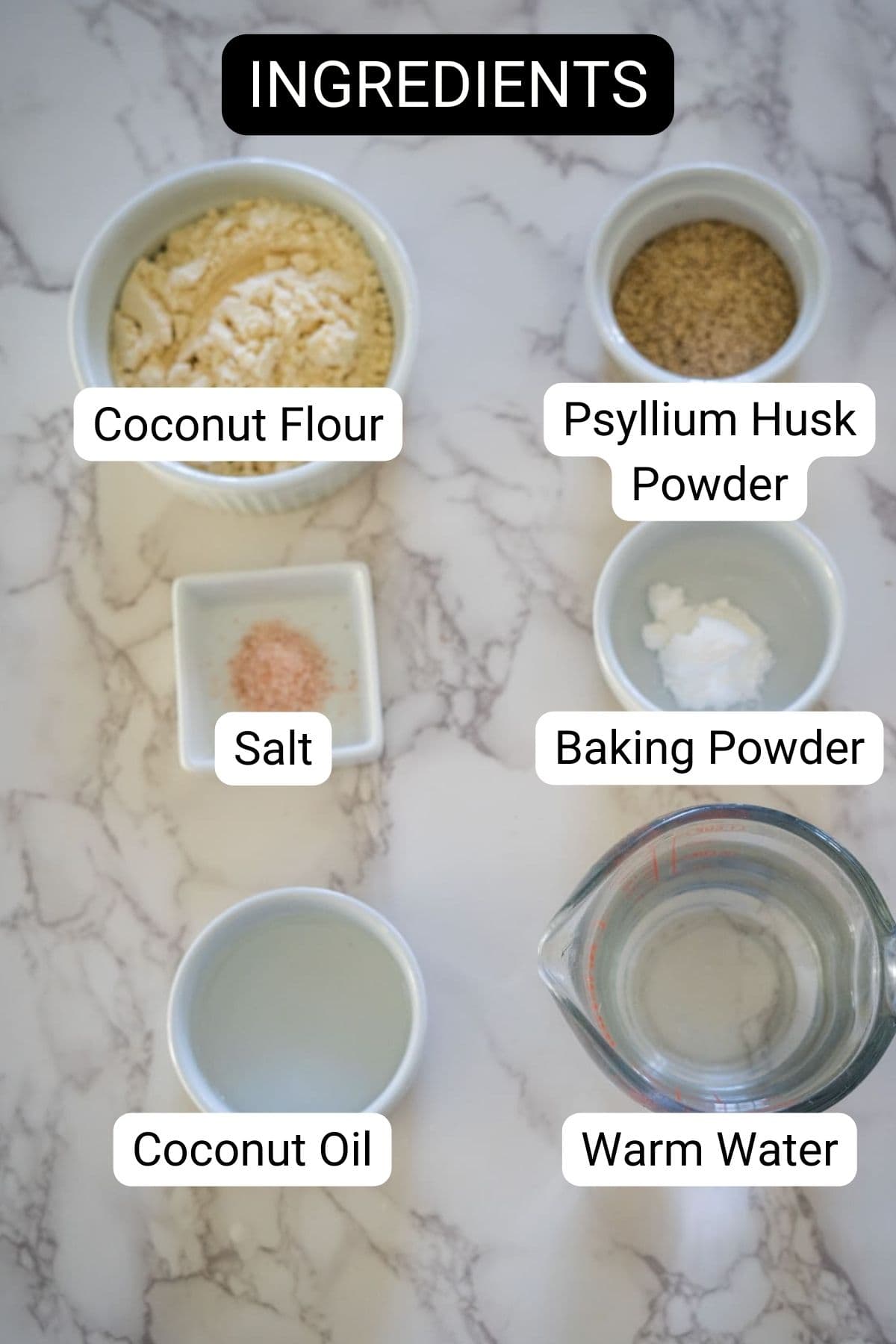 A list of ingredients for a coconut flour flatbread