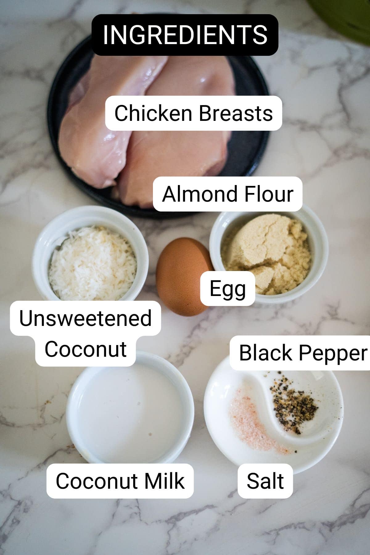 Image showing several ingredients labeled: chicken breasts, almond flour, egg, unsweetened coconut, black pepper, coconut milk, and salt.