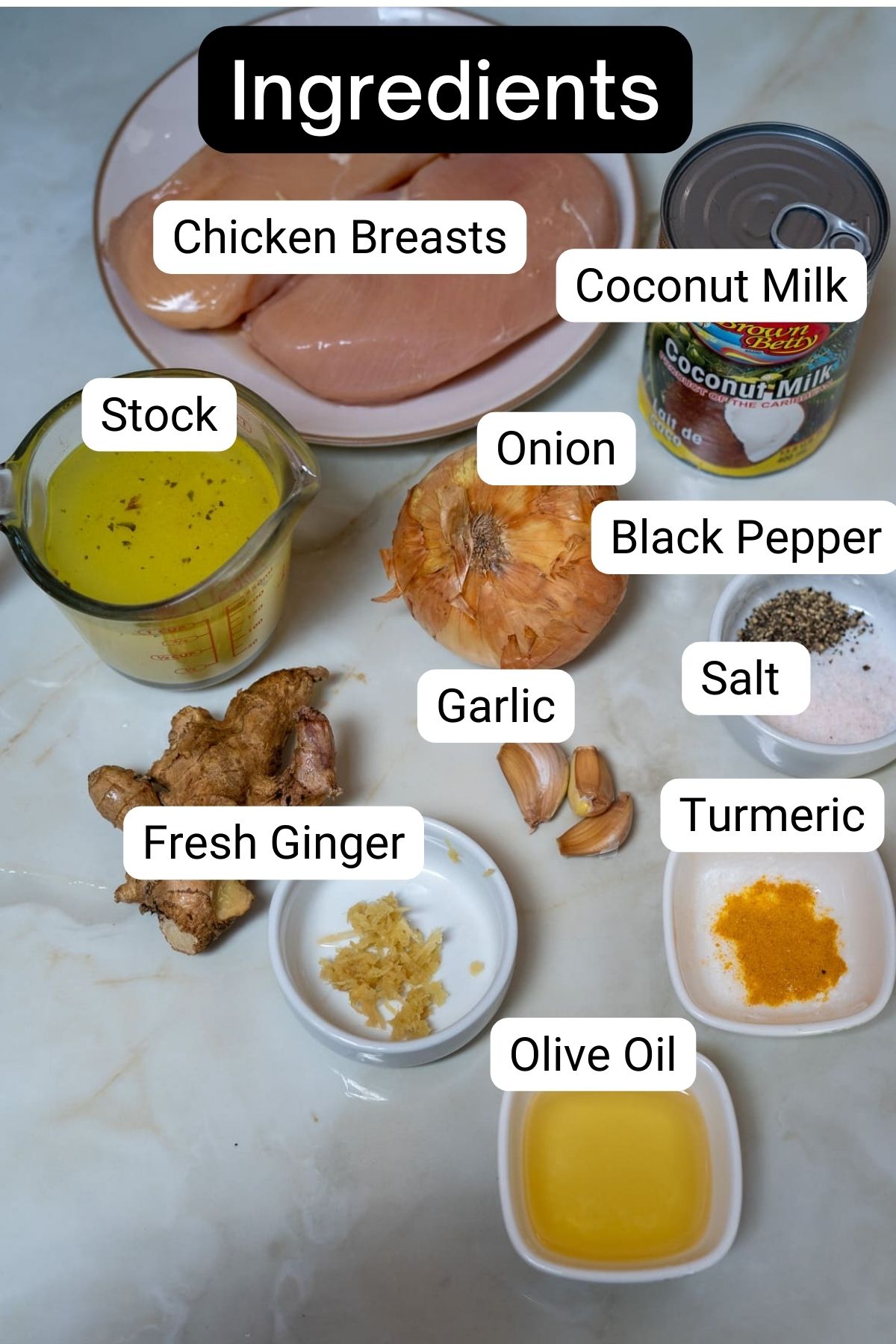 List of ingredients for a chicken soup recipe.