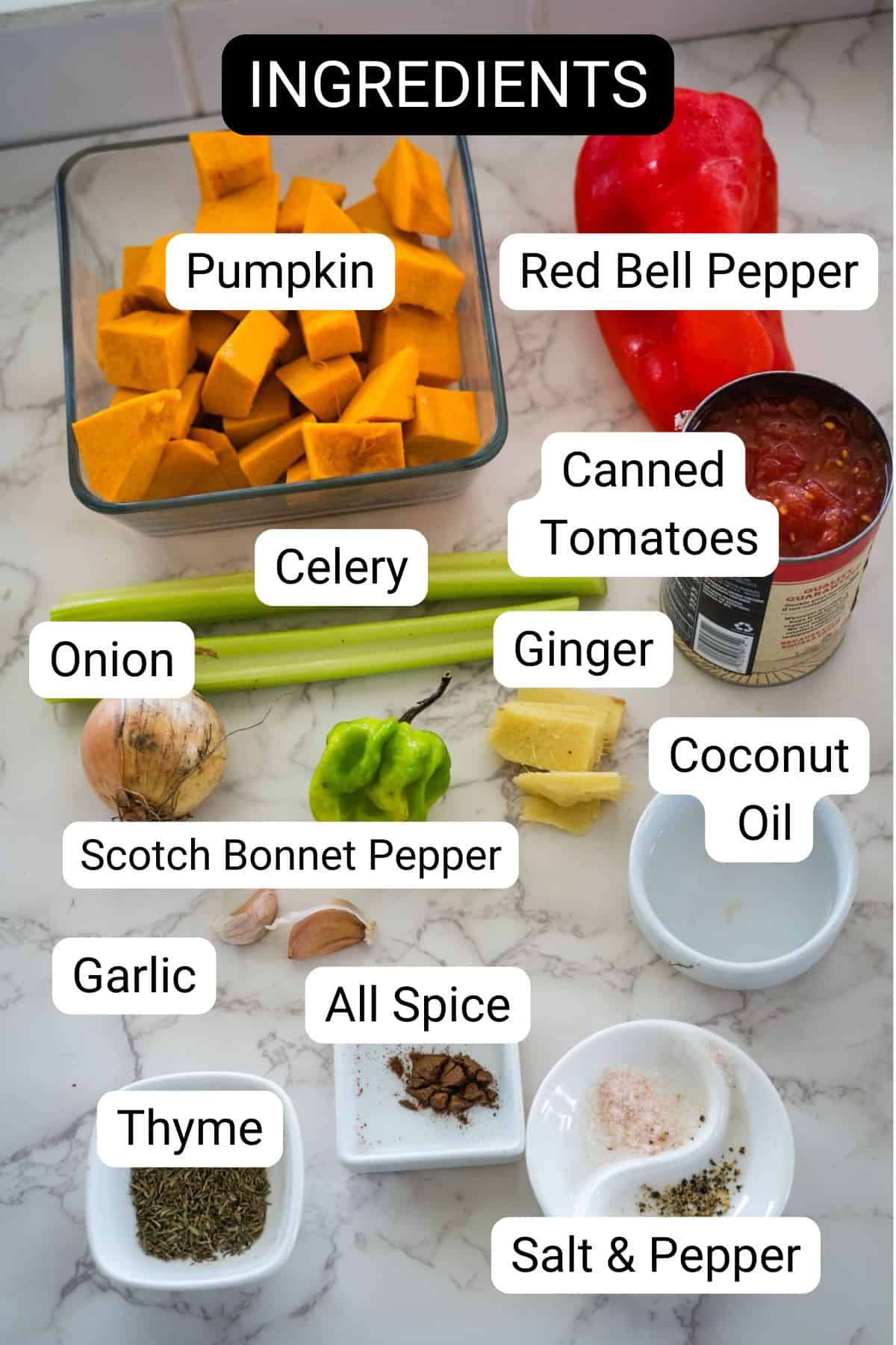 A layout of cooking ingredients including Caribbean Spiced Pumpkin, red bell pepper, canned tomatoes, celery, ginger, coconut oil, onion, scotch bonnet pepper, garlic, thyme, allspice, and salt & pepper on a countertop.