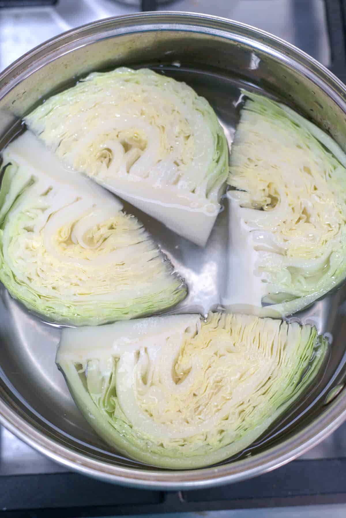 cabbage quarters in pan