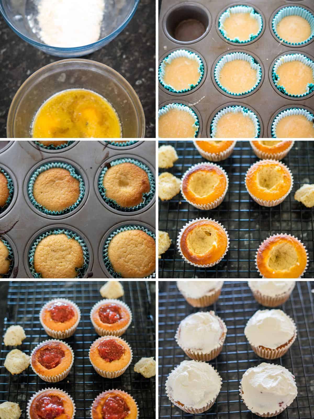 A step-by-step process of making strawberry cream cupcakes, showing ingredients being mixed, batter in a muffin tray, baked cupcakes with centers removed, jam added, and frosted cupcakes on a cooling rack.