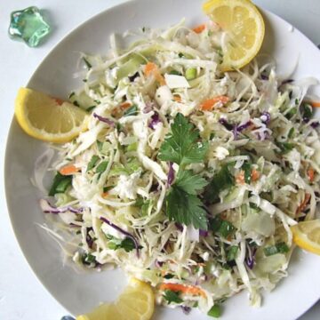 A white plate filled with a delightful coleslaw recipe made from shredded cabbage, carrots, and greens, garnished with lemon wedges and a parsley sprig.