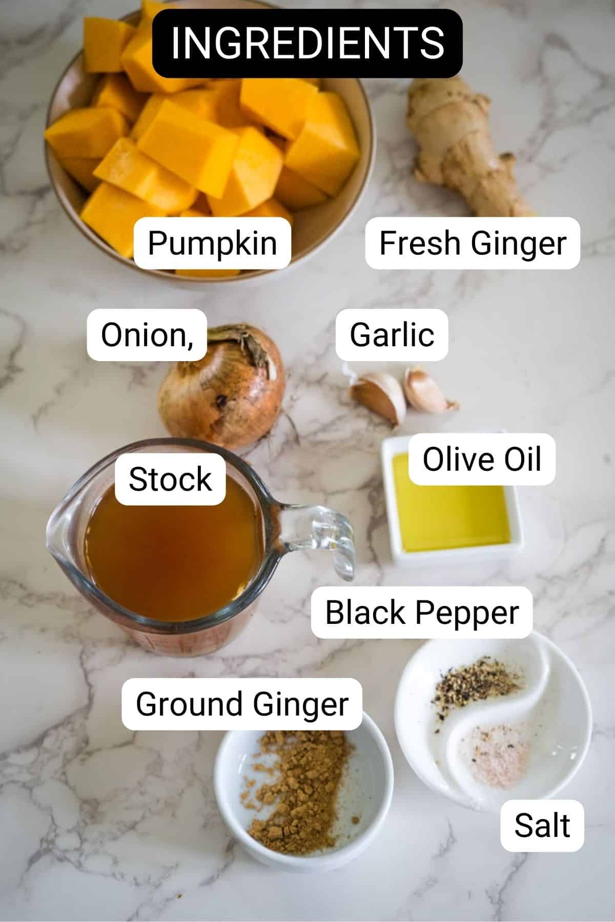 Ingredients for a pumpkin ginger recipe displayed on a counter: pumpkin chunks, fresh ginger, an onion, garlic cloves, olive oil, a pitcher of stock, ground ginger, black pepper, and salt, with labels.