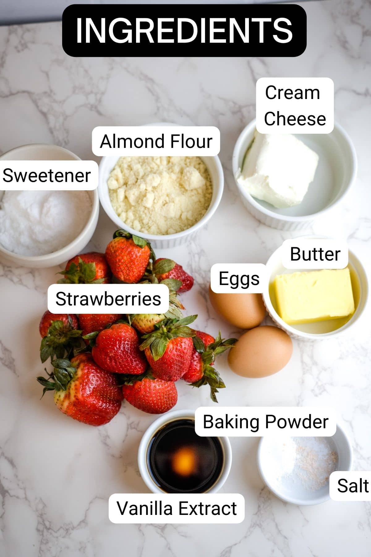 an overhead shop of ingredients for keto strawberry cobbler