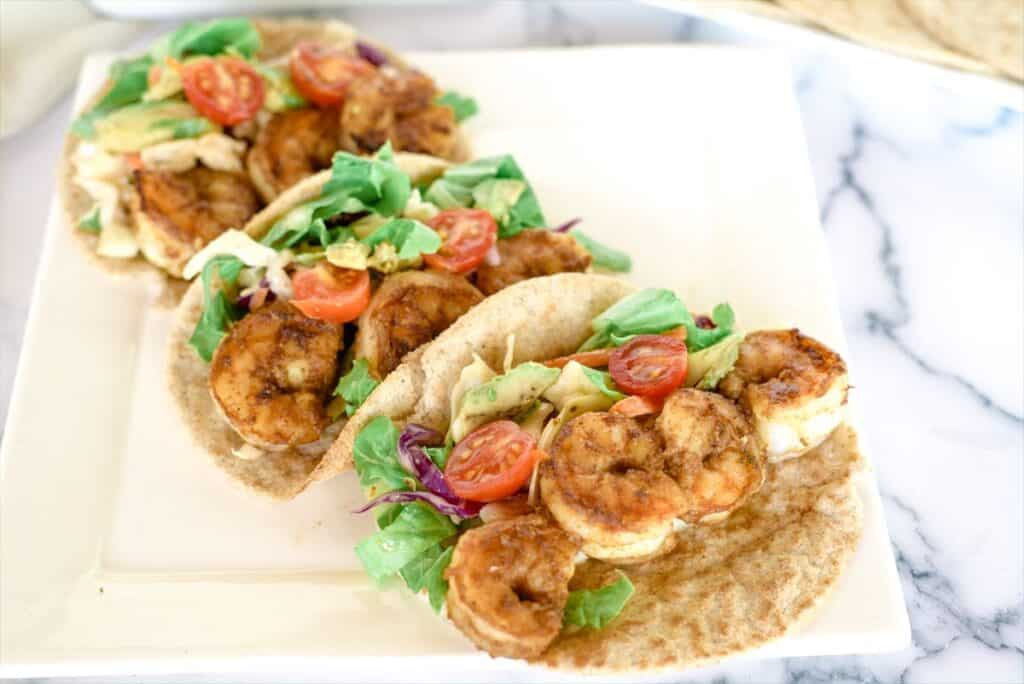 spicy shrimp tacos in low carb flatbread