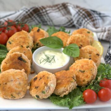 salmon patties with a dip