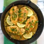 chicken piccata in a skillet pan