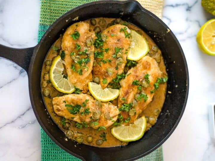 chicken piccata in a skillet pan