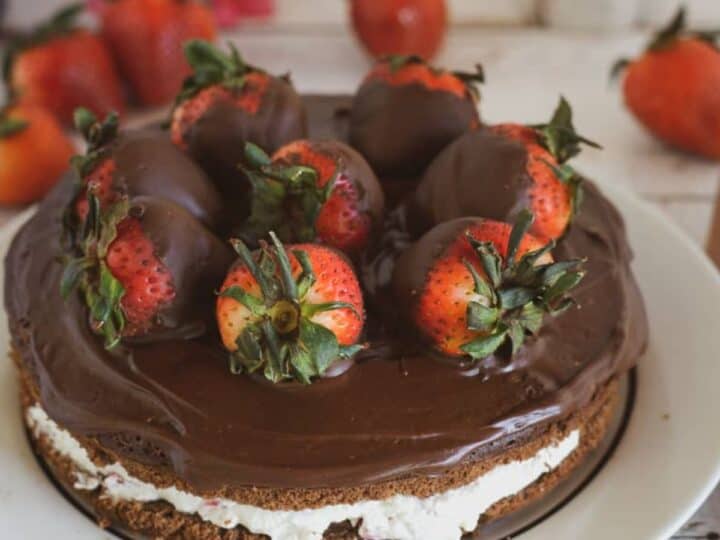 A chocolate-covered strawberries cake with a decadent layer of whipped cream, beautifully displayed on a white plate.