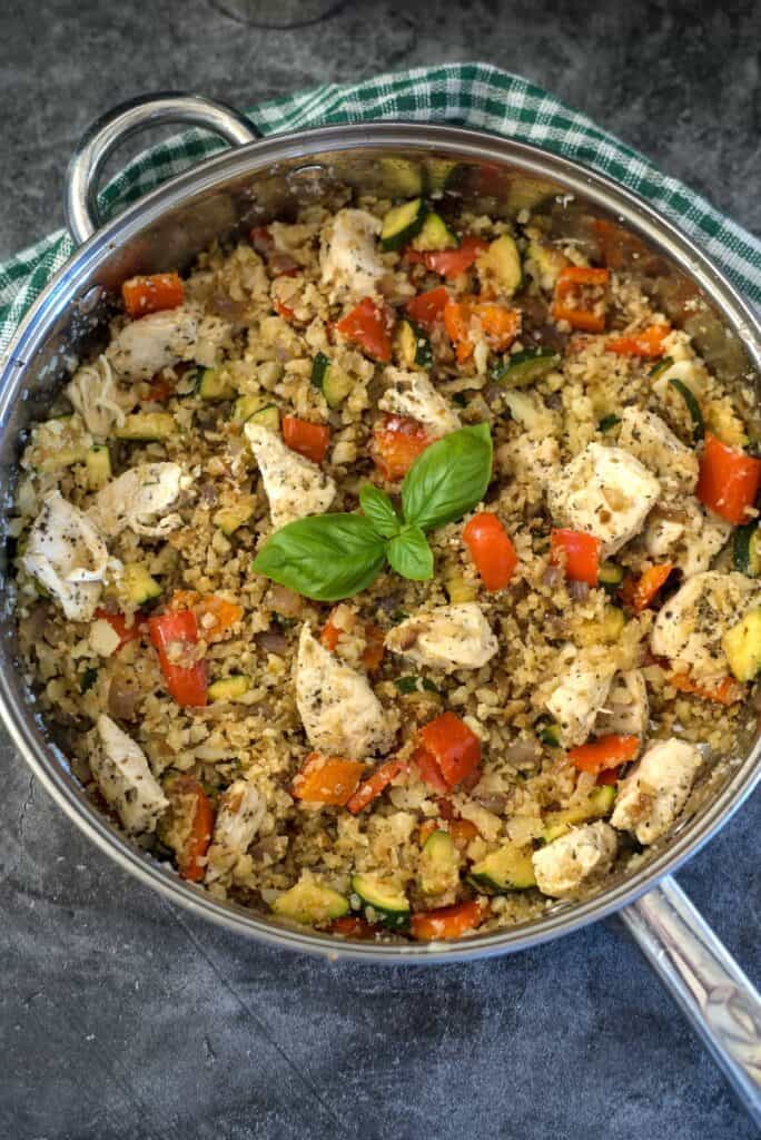 pan with chicken, vegetables and cauliflower rice