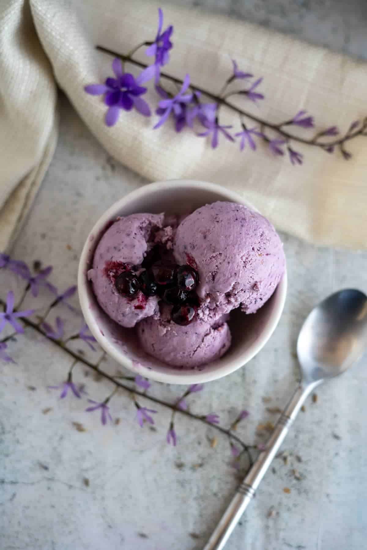 lavender ice cream in bowl