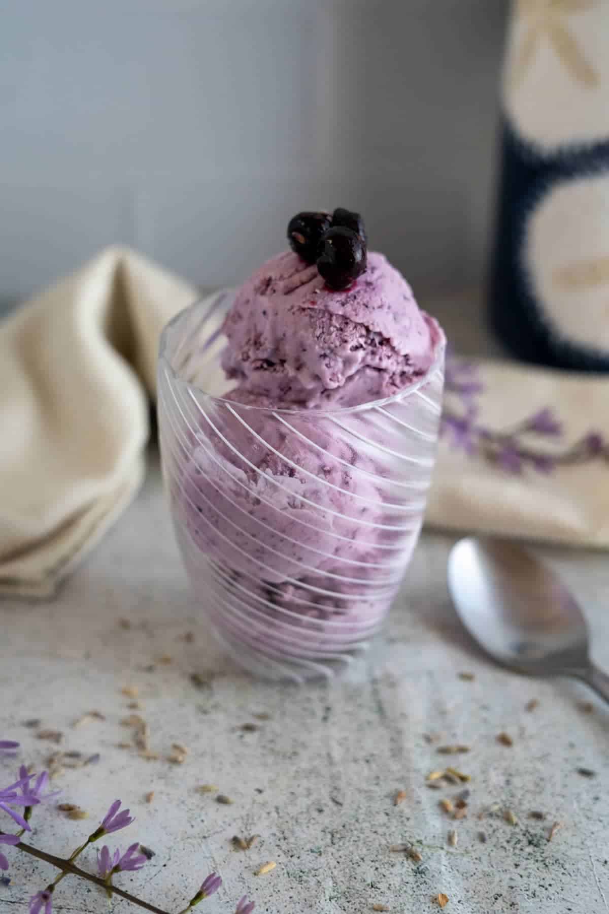 lavender ice cream in dish
