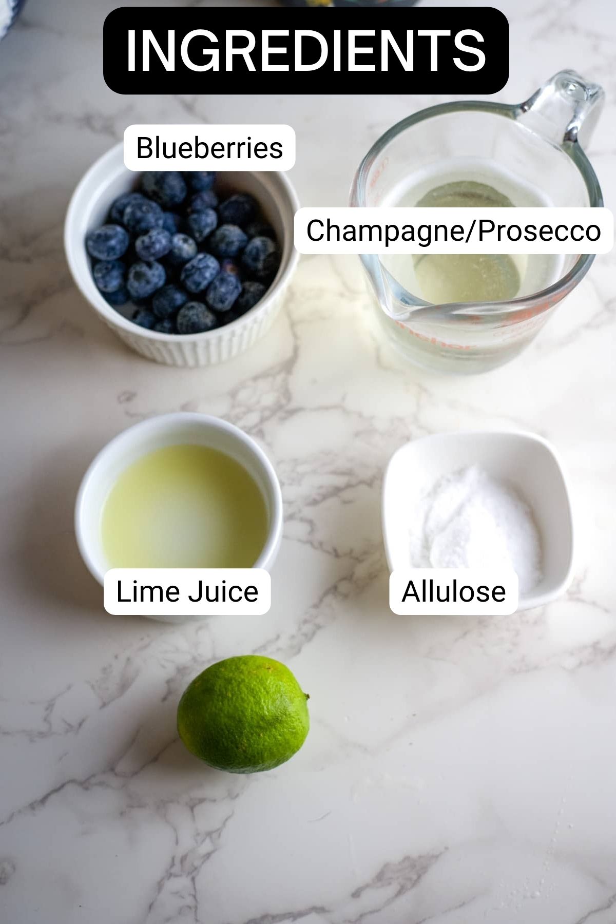 ingredients for a keto blueberry mimosa