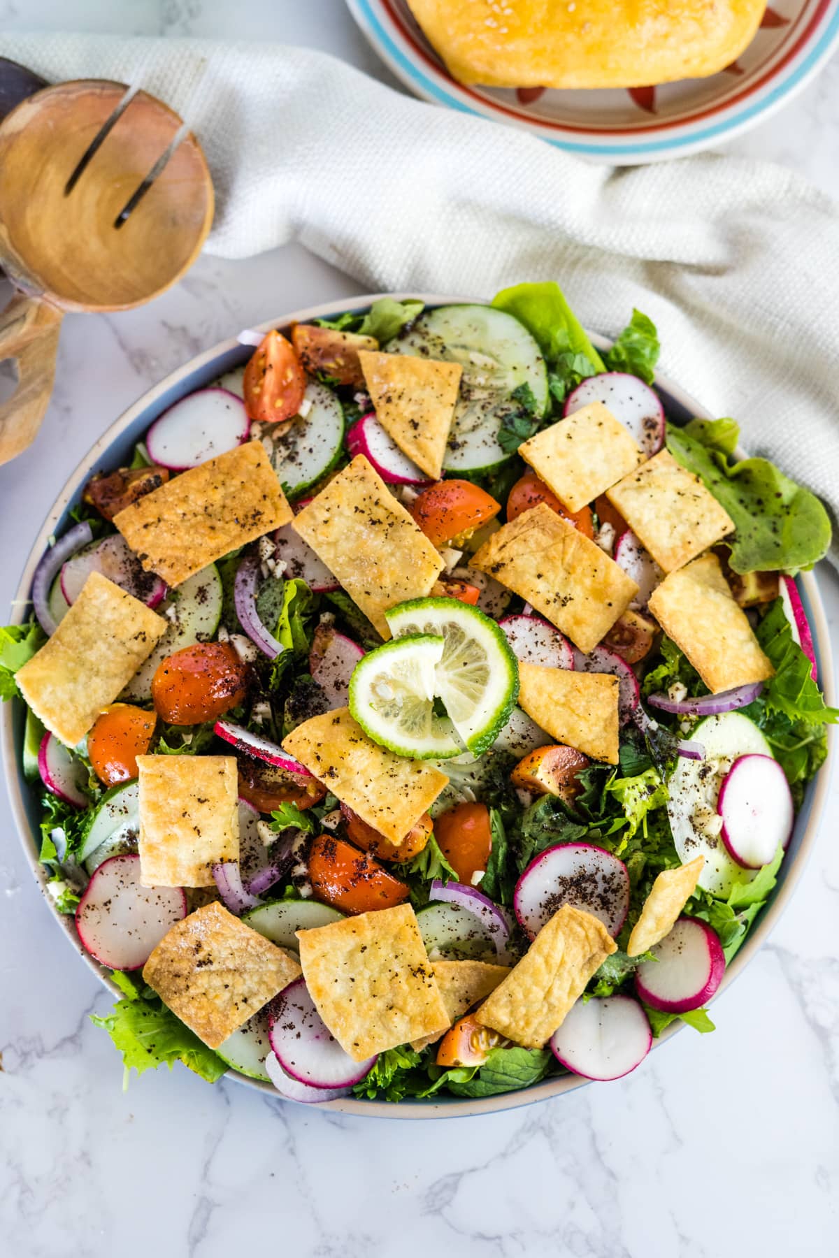 fattoush with low carb bread in a dish