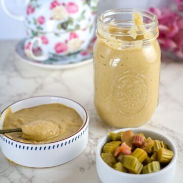 rhubarb curd in a jar and serving dish