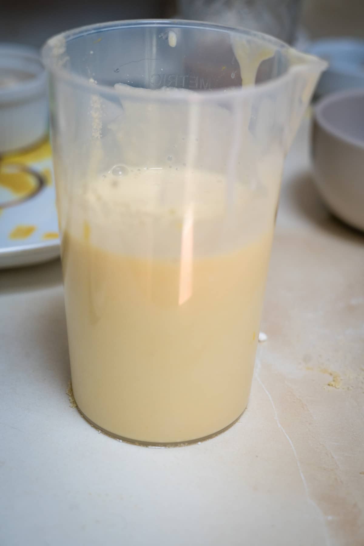 pancake batter in container blended.