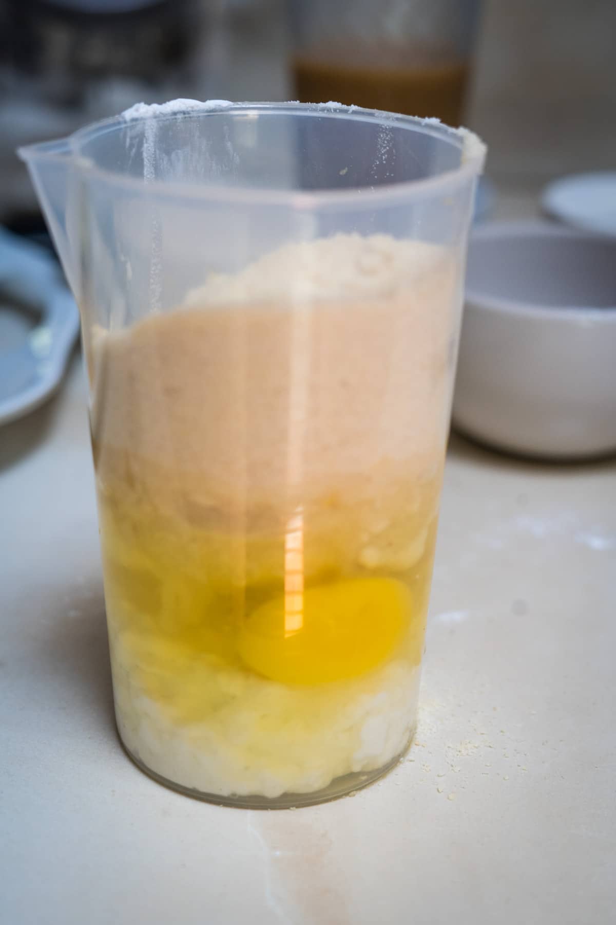 pancake batter in container.