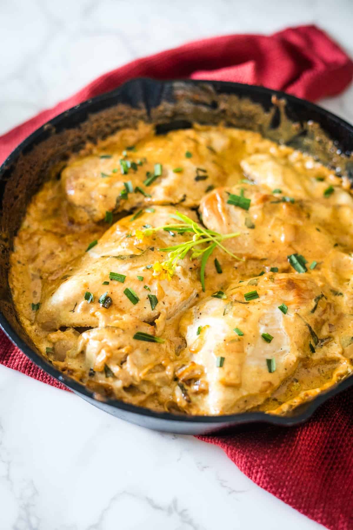 A skillet filled with chicken in a creamy sauce.
