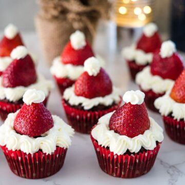Red velvet santa hat cupcakes.