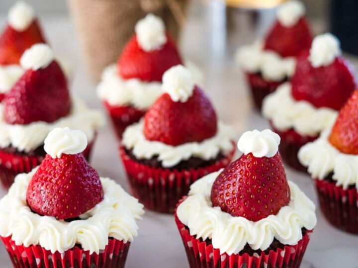 Red velvet santa hat cupcakes.