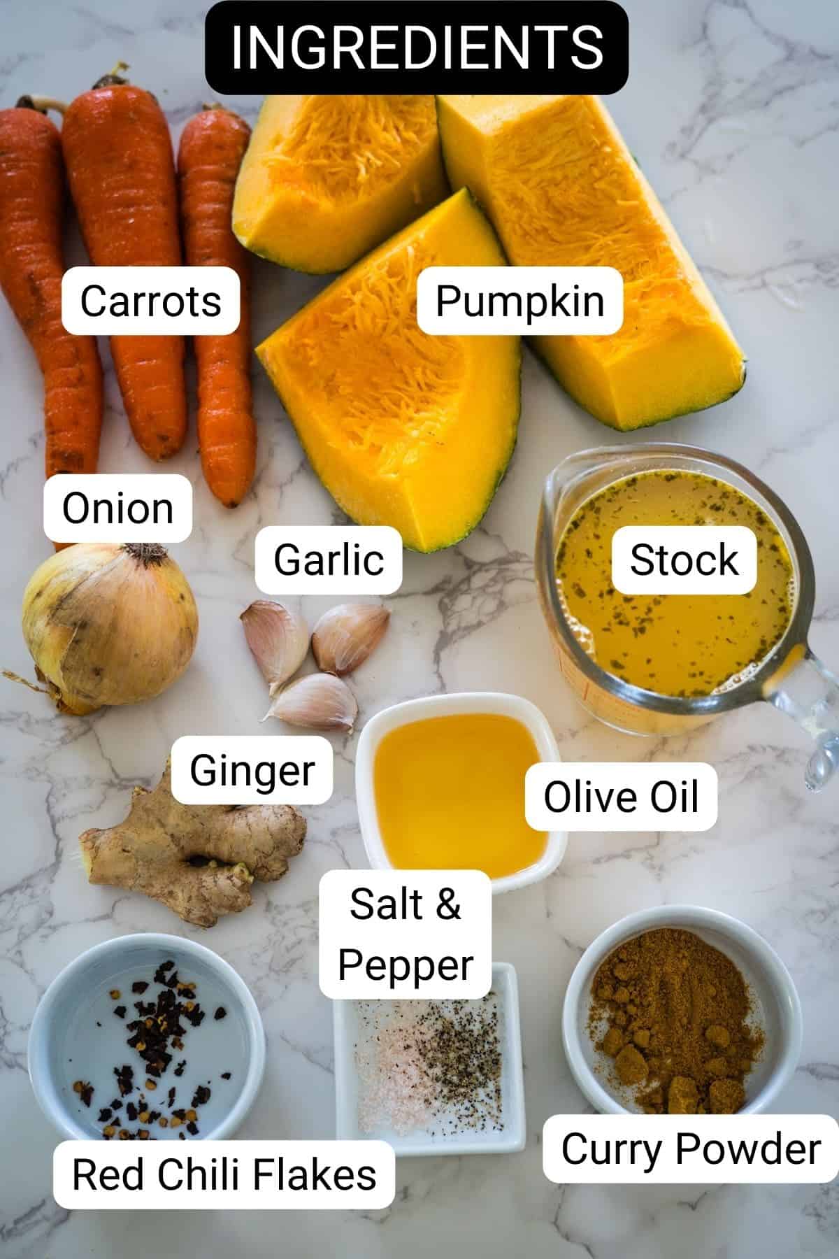 A list of ingredients for a pumpkin soup.