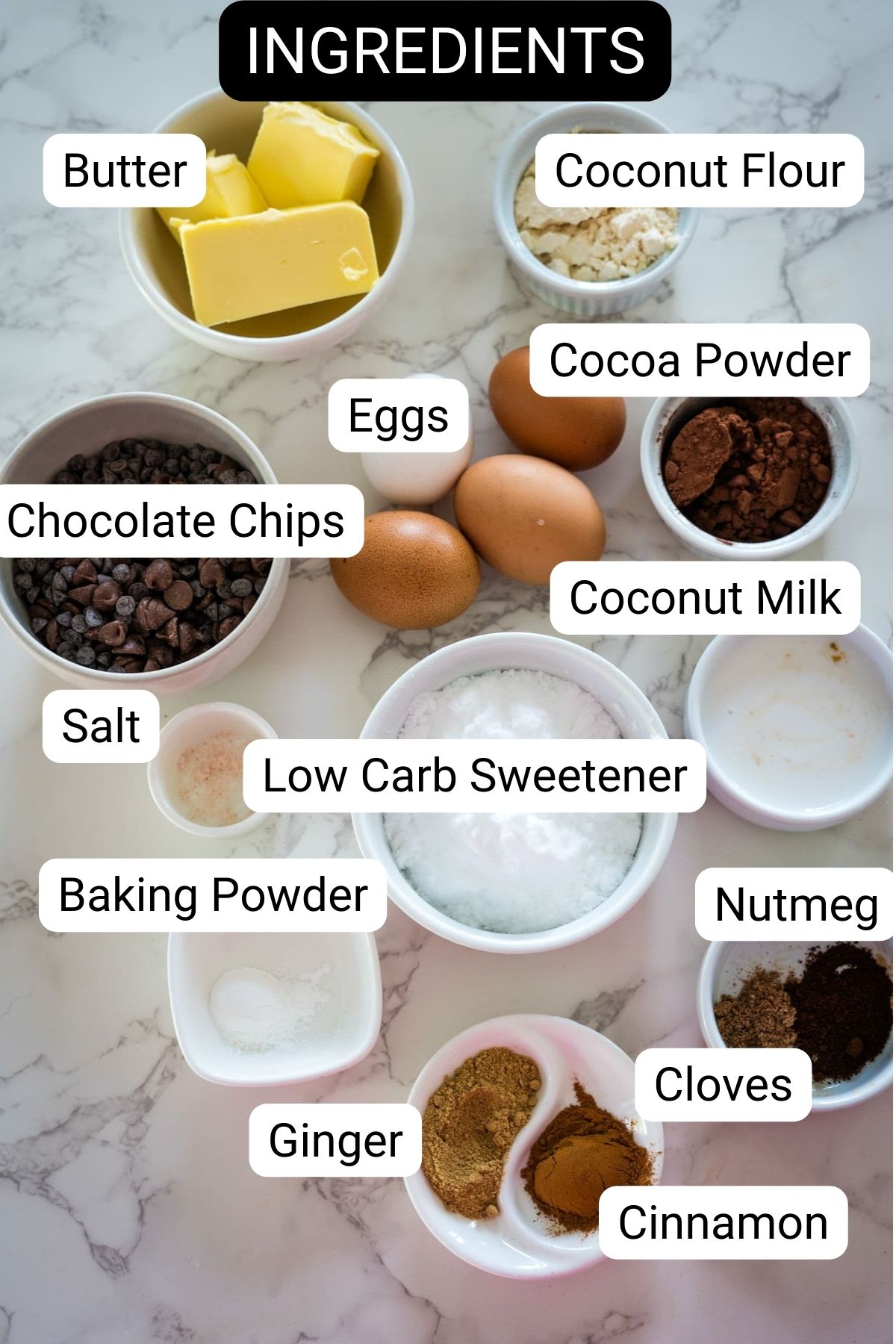 A list of ingredients for a spiced chocolate brownie recipe.