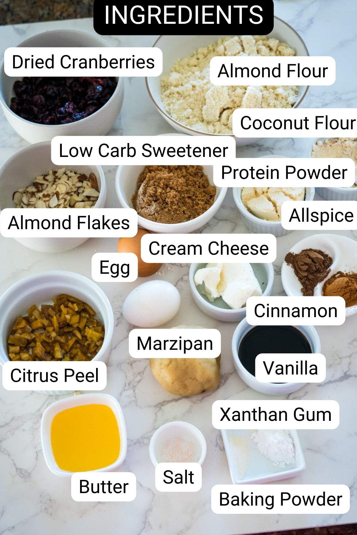 A list of ingredients for a cranberry granola recipe with stollen bites.