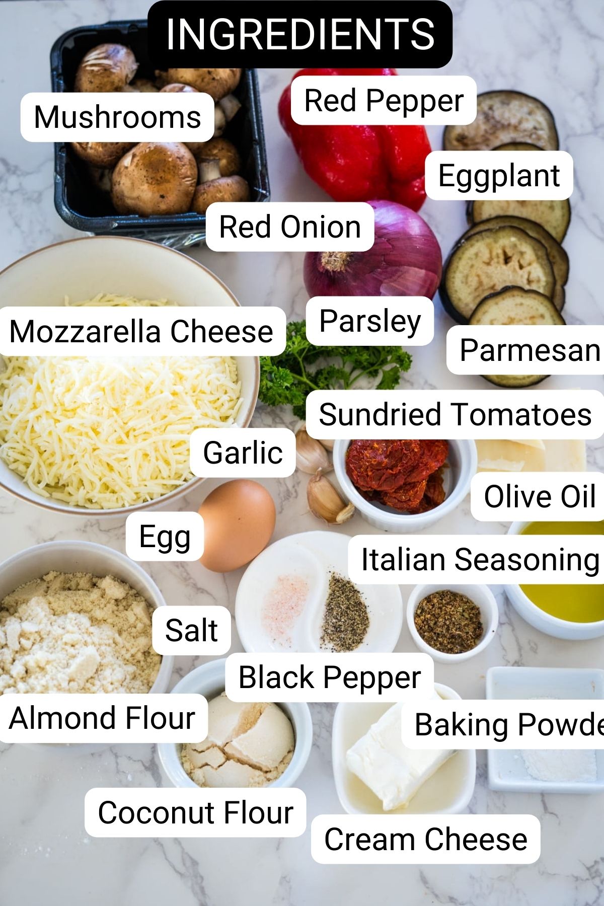 A list of ingredients for a vegetable wellington recipe.