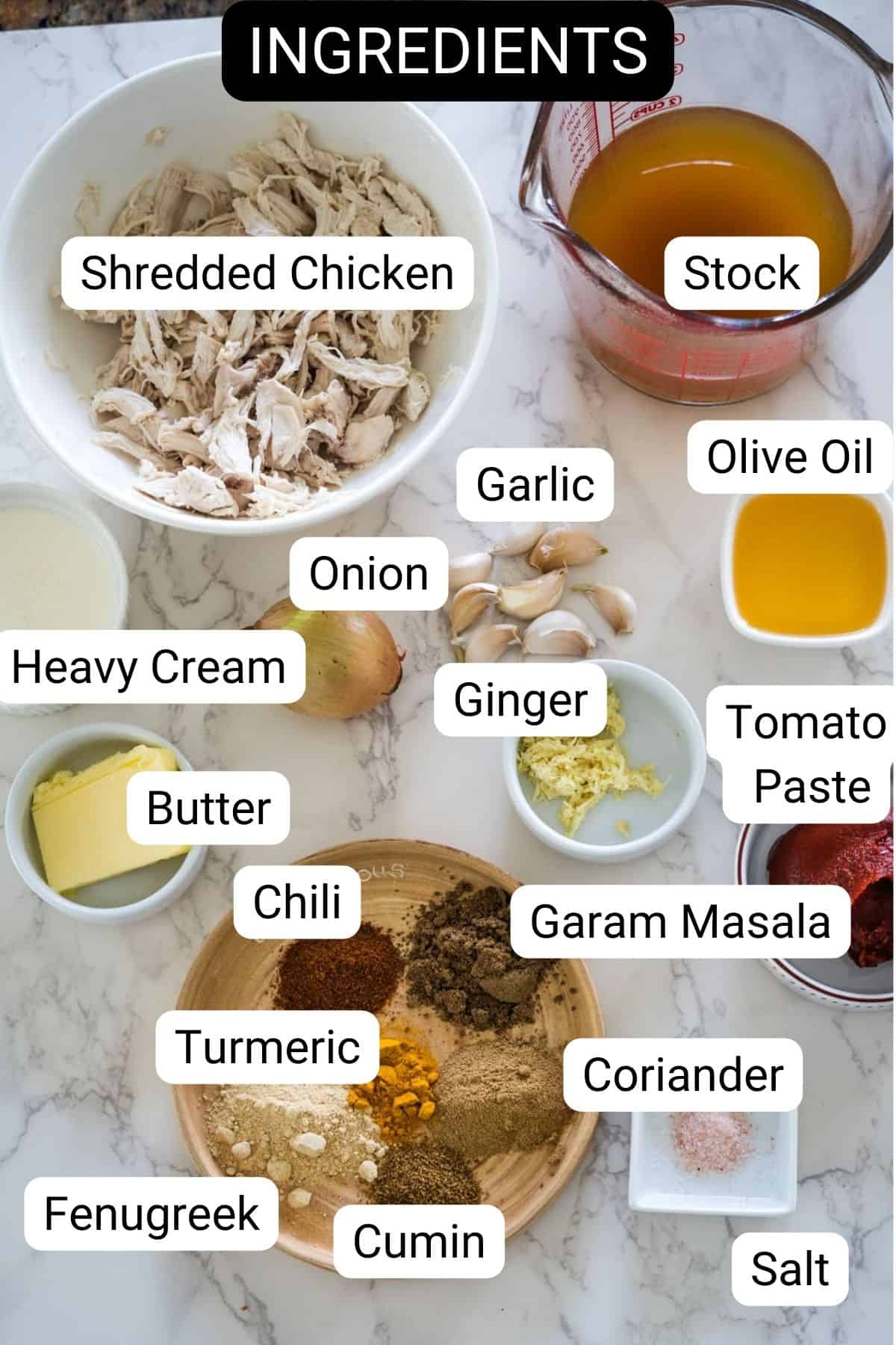 A list of ingredients for chicken tikka soup.