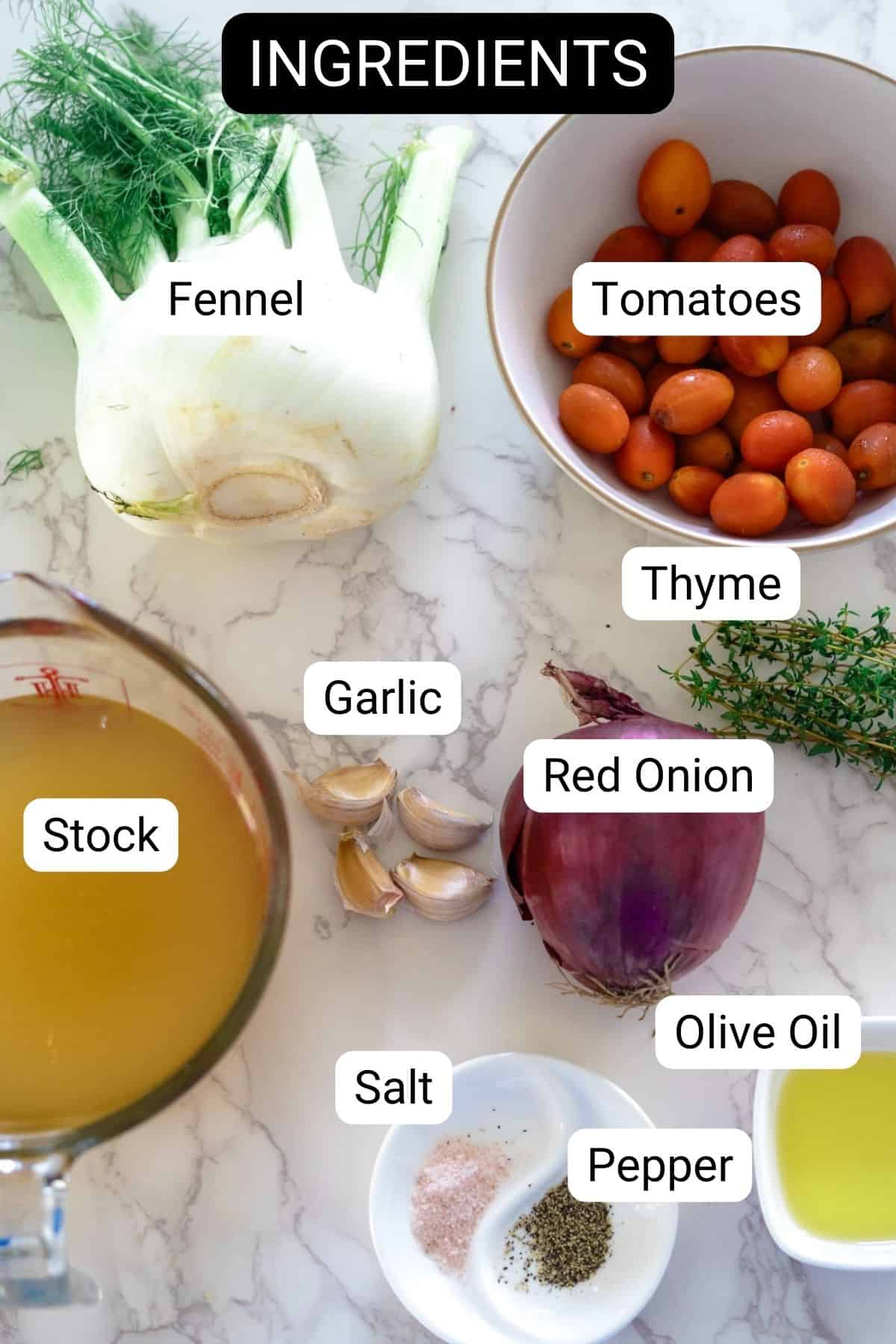 A list of ingredients for a tomato and fennel soup.