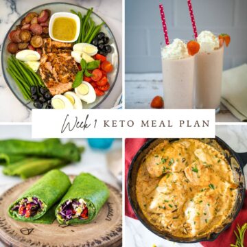 A keto meal plan collage featuring delicious and healthy food and drinks.