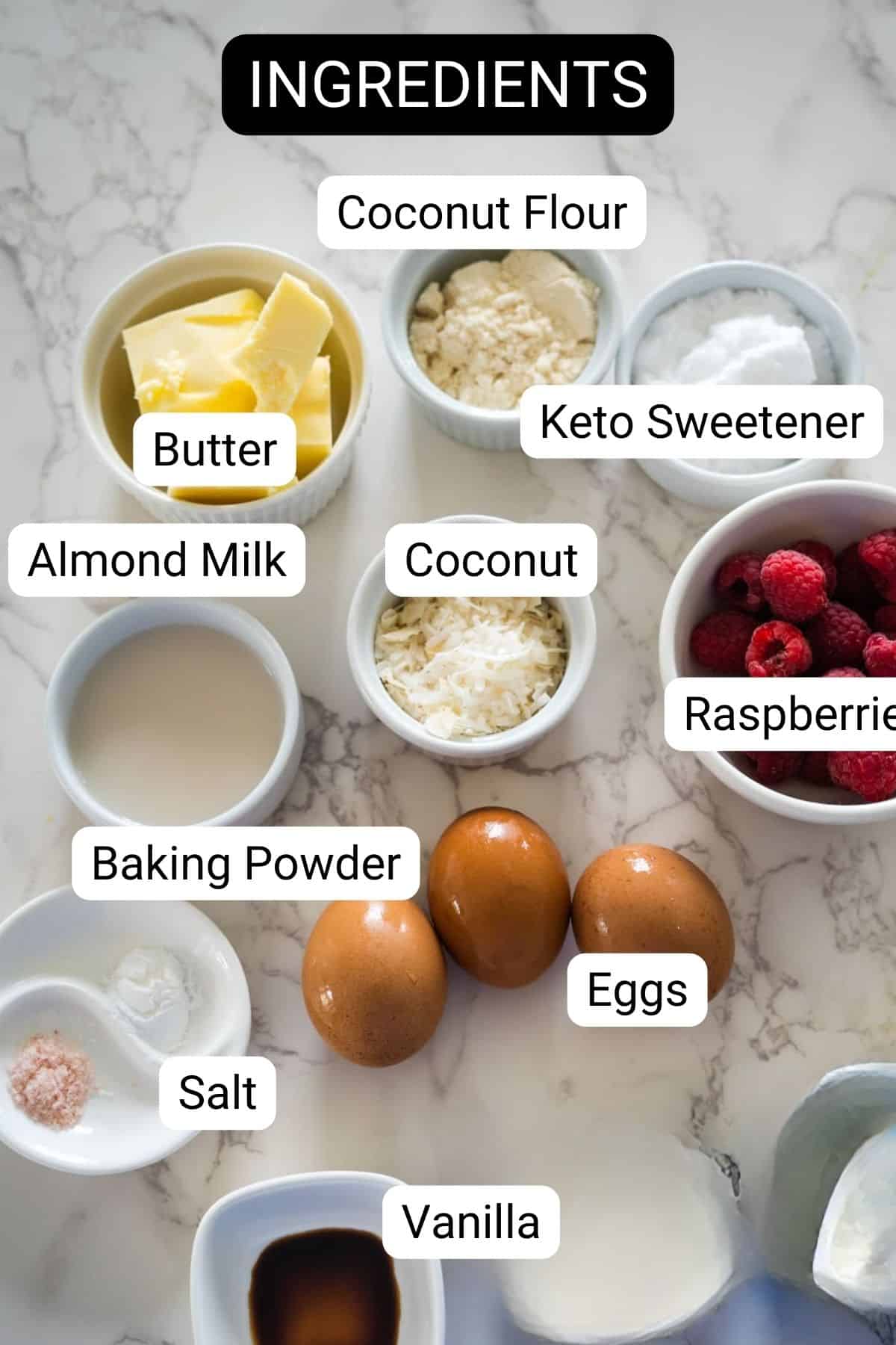 A list of ingredients for a keto banana bread recipe.