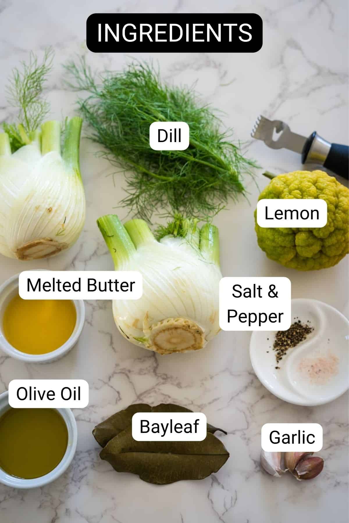 Various cooking ingredients labeled on a marble surface, including fennel confit, dill, lemon, melted butter, olive oil, bay leaves, salt and pepper, and garlic.