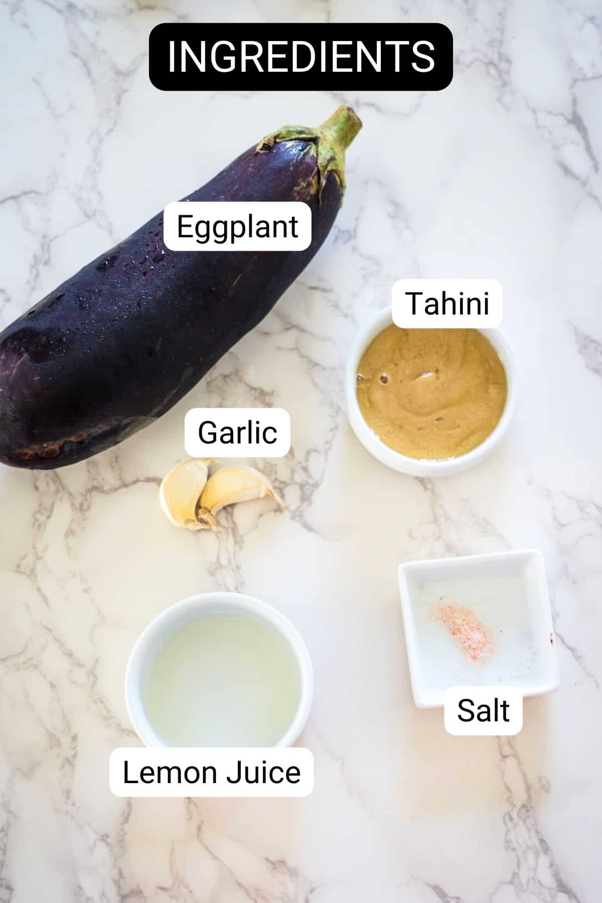 Ingredients for a recipe laid out on a marble surface, including eggplant, tahini, garlic, lemon juice, and salt, with labels.