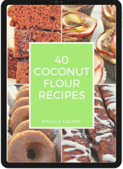 Cover of a cookbook titled "40 Keto Coconut Flour Recipes" by Angela Coleby featuring images of baked goods made with coconut flour.