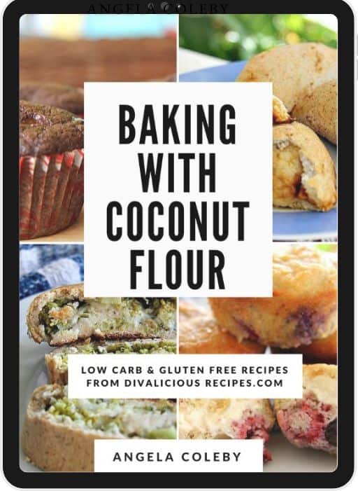 Book cover titled "Baking with Coconut Flour" by Angela Coleby, featuring images of baked goods and the text "Low Carb, Gluten Free & Keto Recipes from Divalicious Recipes.com".