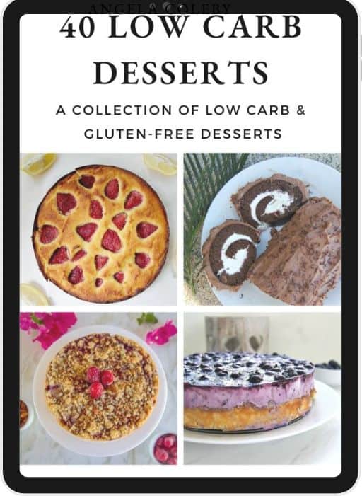 Book cover titled "40 Low Carb Keto Desserts" featuring images of four different gluten-free desserts: a berry pie, chocolate rolls, and two other cakes.