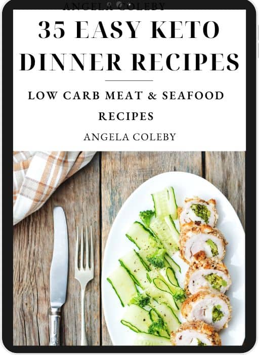 Cover of a keto ebook titled "35 Easy Keto Dinner Meat & Seafood Recipes" by Angela Coleby, featuring an image of a plated dish with sliced rolled chicken and cucumber.