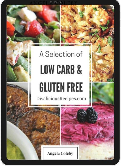 Cover of a keto cookbook titled "A Selection of Low Carb & Gluten Free" by Angela Coleby, featuring images of various dishes.