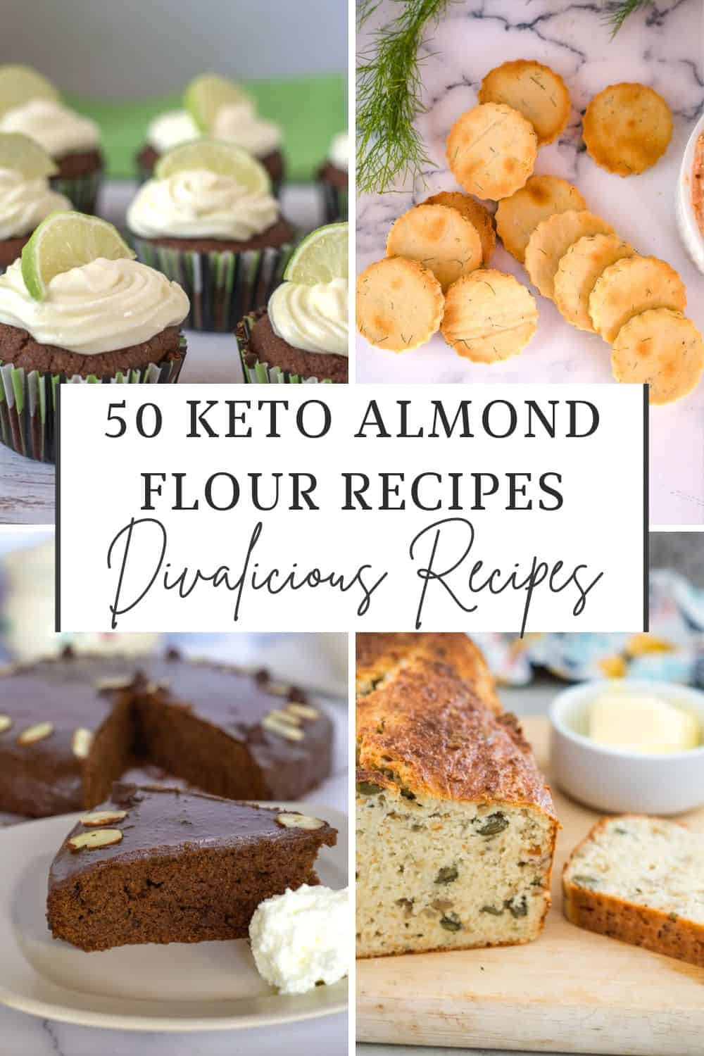 A compilation image showcasing various baked goods made with almond flour, including cupcakes with lime slices, round cookies, a chocolate cake slice, and a loaf of bread. Text reads "50 Keto Almond Flour Recipes." Perfect for those searching for keto almond flour recipes!