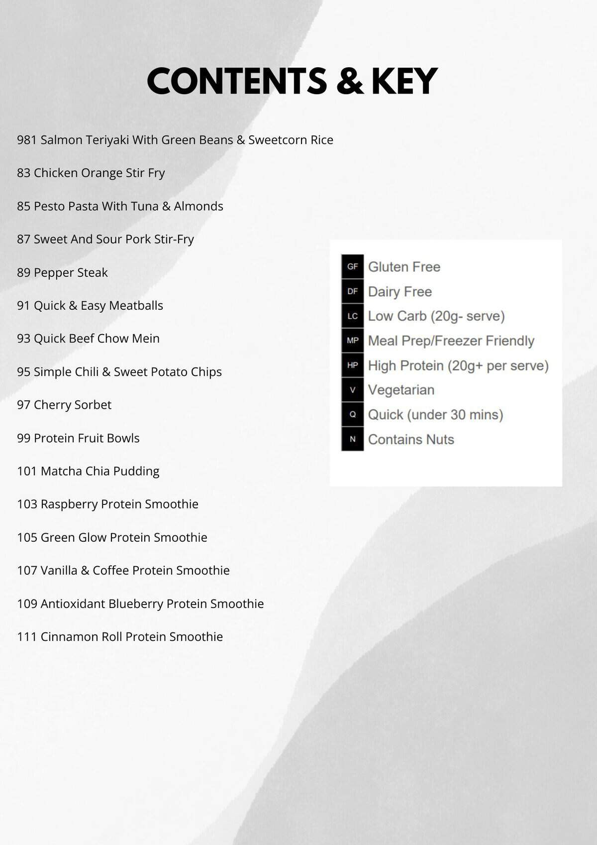 Textual image showing a list titled "Contents & Key" with various food items and their corresponding symbols indicating attributes like gluten free or vegetarian.