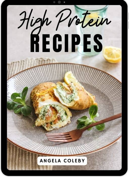 Cover of a cookbook titled "High Protein Recipes" by Angela Coleby, featuring a plate with a stuffed omelet and garnished with basil.